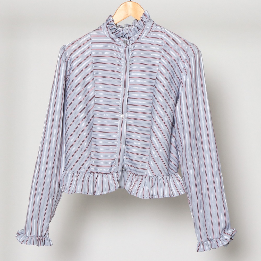 Vintage Blue Satin Military Style Blouse